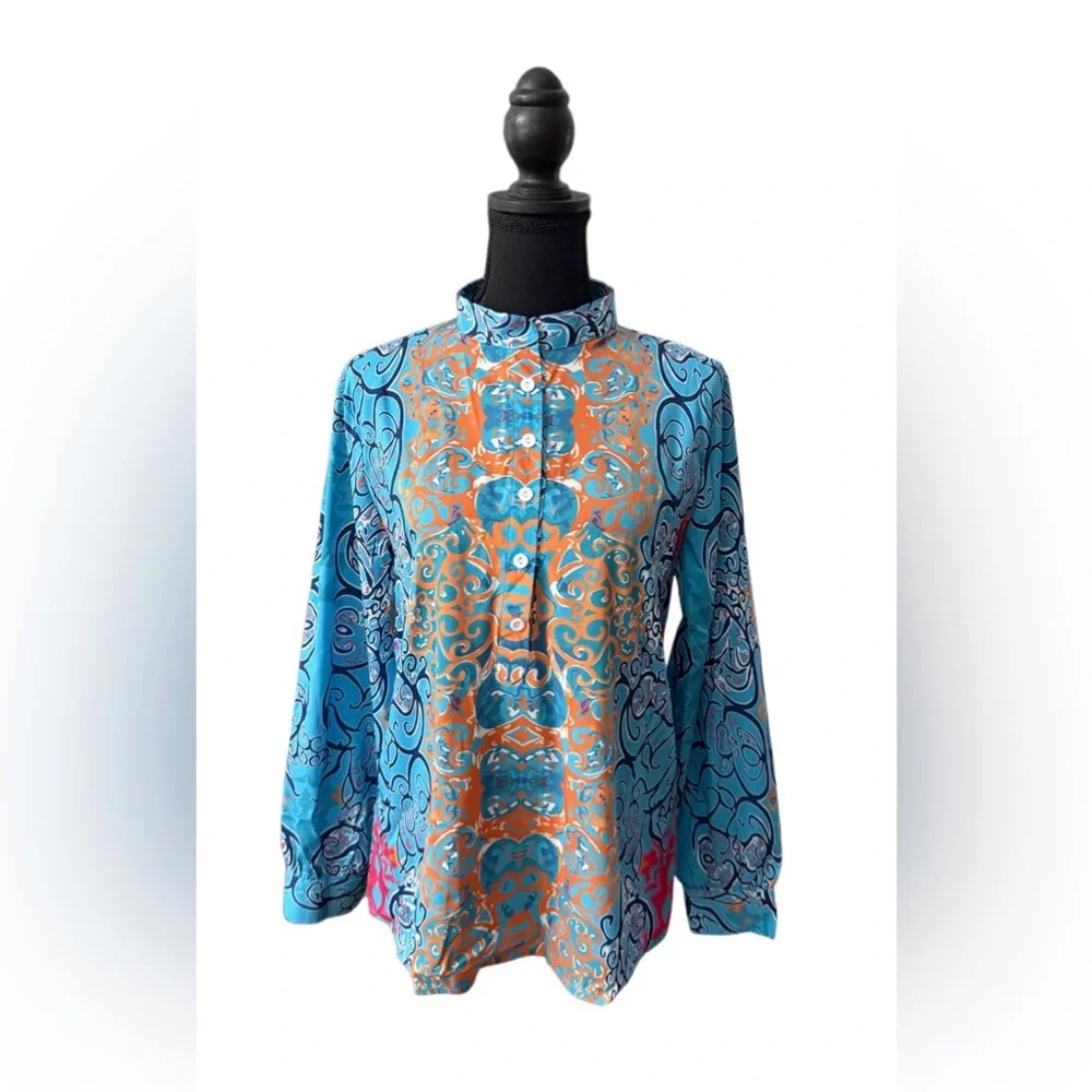 Blue and Orange Abstract Artsy Patterned Button Down Shirt with a Mock Collar